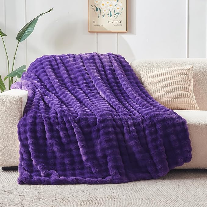 NEWCOSPLAY Faux Fur Twin Blanket Purple Bubble Blanket Thick Warm Soft for Couch Sofa Bed 550GSM (Purple, Twin(60"x80"))-Ruum Studio Home