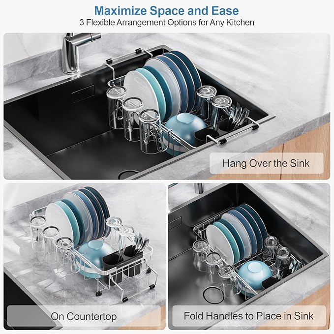 GSlife Expandable in Sink Small Dish Drying Rack - Stainless Steel Capacity Adjustable Over The Sink Dish Rack with Cup Holder (12" -16.8"), Dish Drainer for Kitchen Sink with Utensil Holder, Silver-Ruum Studio Home
