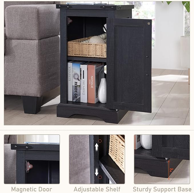 JXQTLINGMU Nightstand with Charging Station, Rectangular Farmhouse End Table with Barn Door and Adjustable Storage Shelf, 17" Deep Wood Rustic Sofa Side Table for Living Room, Bedroom, Black-Ruum Studio Home