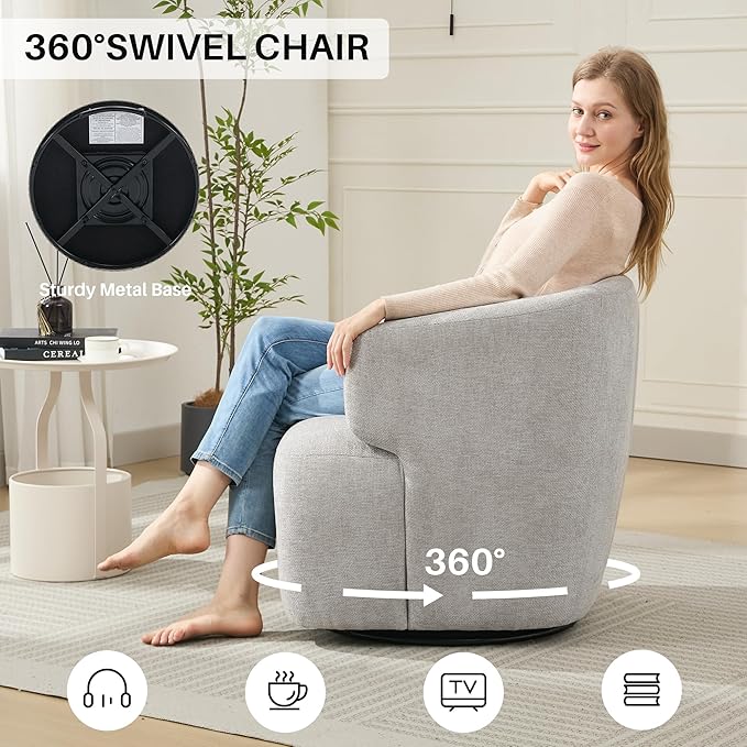 Swivel Accent Chair, Chenille Barrel Chair for Living Room, Cozy Round Boucle Arm Chair, Metal Base for Club Nursery Bedroom, Light Grey-Ruum Studio Home