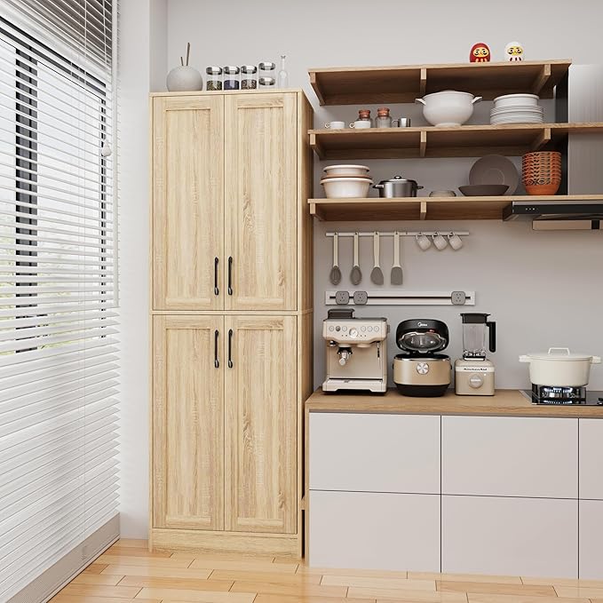 Storage Cabinet, Kitchen Cabinet with Doors & Shelf, Tall Storage Cabinet for Bathroom, Living Room, Entryway,Natural-Ruum Studio Home
