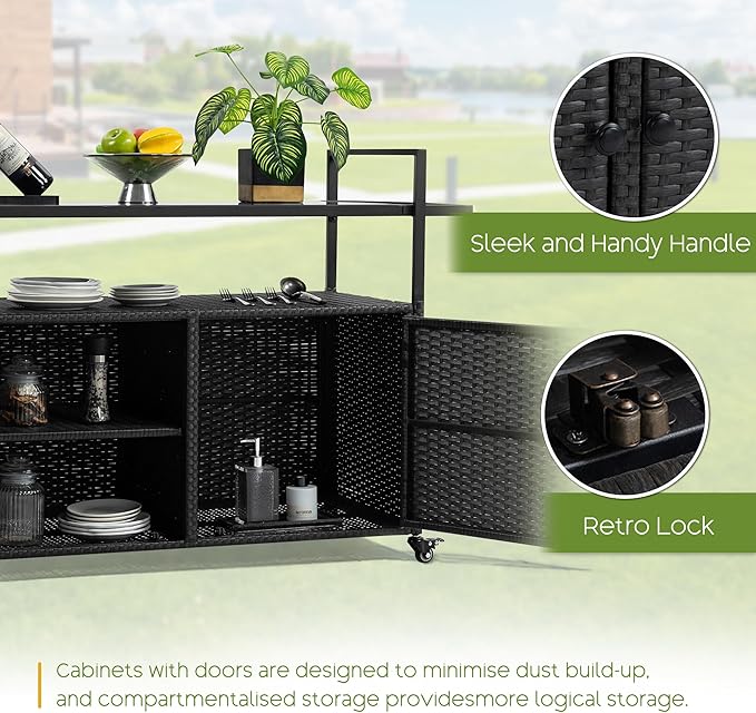 Wicker Outdoor Bar Cart - Black Patio Console Storage Table Buffet Cabinet Serving Kitchen Cart with Wheels for Outside Backyard-Ruum Studio Home