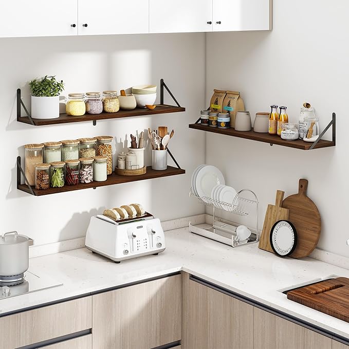 Heimlove 36 Inch Floating Bookshelves Set of 3,Heavy Duty Wall Mounted Bookshelves,Bookshelf for Living Room,Bedroom,Kitchen,Laundry Room Storage & Decor-Walnut Color-Ruum Studio Home