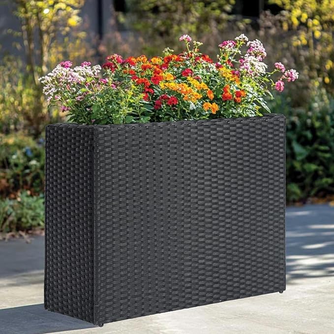 LEWIS&WAYNE Large Rectangular Block Planter Box Handmade Wicker Tall Planters for Outdoor Plants with Removable Liners Modern Planter for Indoor Outdoor Patio Deck - Black, 38''x11''x30''-Ruum Studio Home
