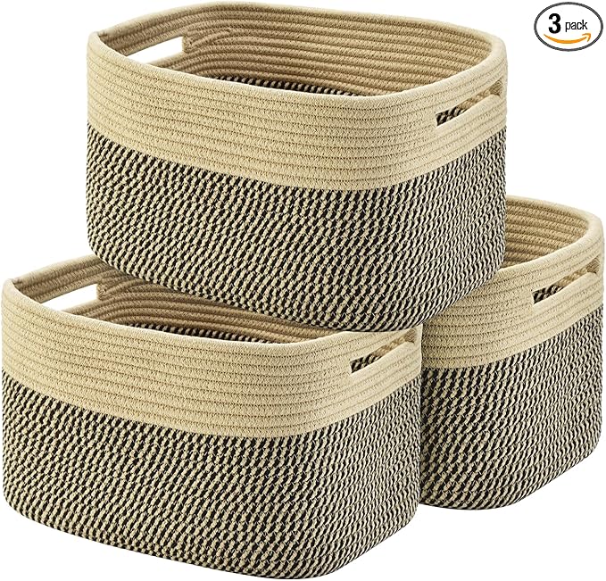 Storage Basket,Woven Baskets for Storage,Cotton Rope Baskets for Organizing,book,towel Basket,Toy Basket or Storage Bins - 3 Pack,Black and Brown-Ruum Studio Home