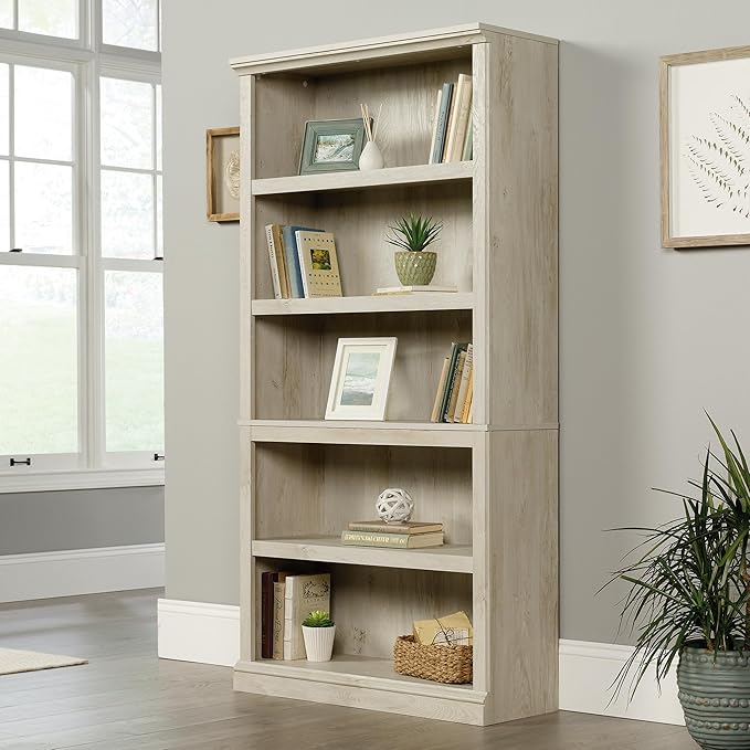 Sauder 5 Tier Book Shelf Wooden Bookcase Multipurpose Bookshelf for Home Office, Living Room, in Chalked Chestnut-Ruum Studio Home