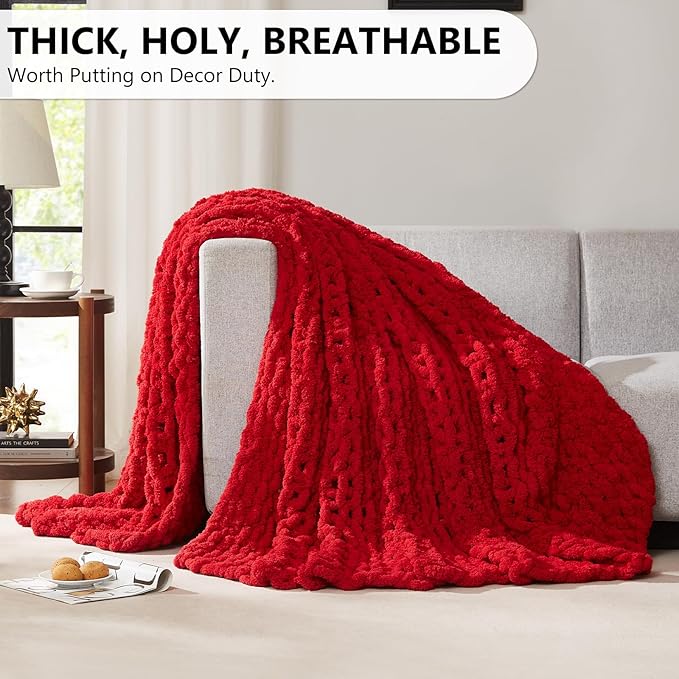 L'AGRATY Chunky Knit Blanket Throw: 80''x90'' Chenille Chunky Knitted Throw Blanket for Bed Couch - Handmade Thick Big Cable Knit Blanket - Large Chunky Crochet Rope Blanket for Home Decor(Red)-Ruum Studio Home