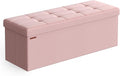 SONGMICS MAZIE Collection - 43 Inches Folding Storage Ottoman Bench, Ottoman Foot Rest, End of Bed Bench, Storage Chest, Load 660 lb, for Living Room, Bedroom, Entryway, Jelly Pink ULSF077R11-Ruum Studio Home