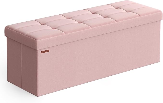 SONGMICS MAZIE Collection - 43 Inches Folding Storage Ottoman Bench, Ottoman Foot Rest, End of Bed Bench, Storage Chest, Load 660 lb, for Living Room, Bedroom, Entryway, Jelly Pink ULSF077R11-Ruum Studio Home