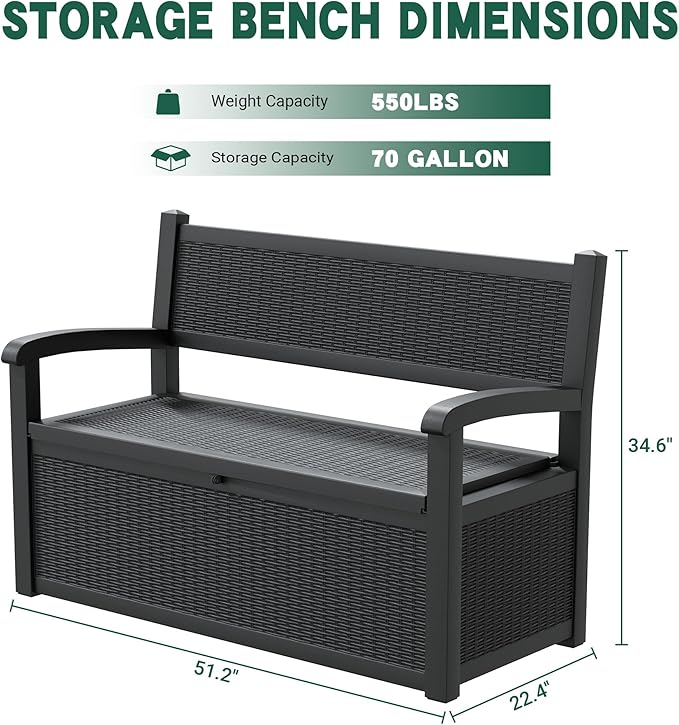 70 Gallon Outdoor Storage Box, Resin Patio Furniture with Armrest, Lockable Deck Box with Waterproof and UV Resistant for Patio Cushions, Garden Tools and Pool Supplies, Black-Ruum Studio Home