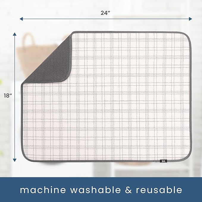 S&T INC. Dish Drying Mat XL, 18” x 24”, Absorbent Microfiber Kitchen Counter Mat, Dish Drying Pad for Dishes, Utensils, Pots and Pans, Extra Large, Stitched Plaid-Ruum Studio Home