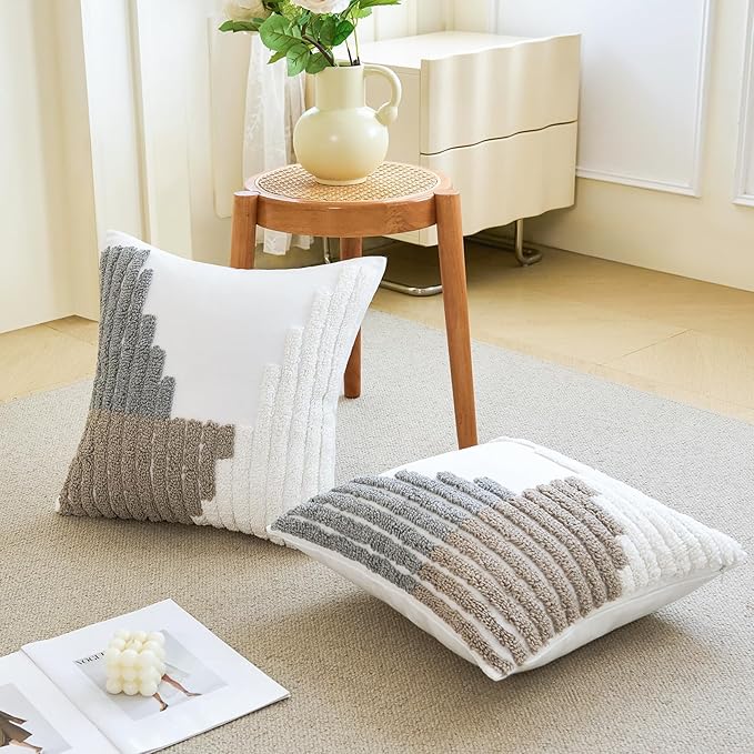 HOdo Home 18x18 Throw Pillow Covers, 2PCS Tufted Boho Jacquard Pillow Covers,Farmhouse Decorative Pillow Cover,Pillow Cases for Couch Sofa Bed Stylish Decor, Simple Textured Cushion Sham-Ruum Studio Home