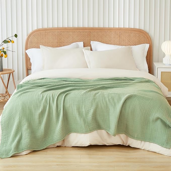 EMME Cotton Throw Blanket for Couch Soft Airy Muslin Bed Blankets Lightweight Breathable Blanket All Season Gauze Blanket, Sage Green-Ruum Studio Home