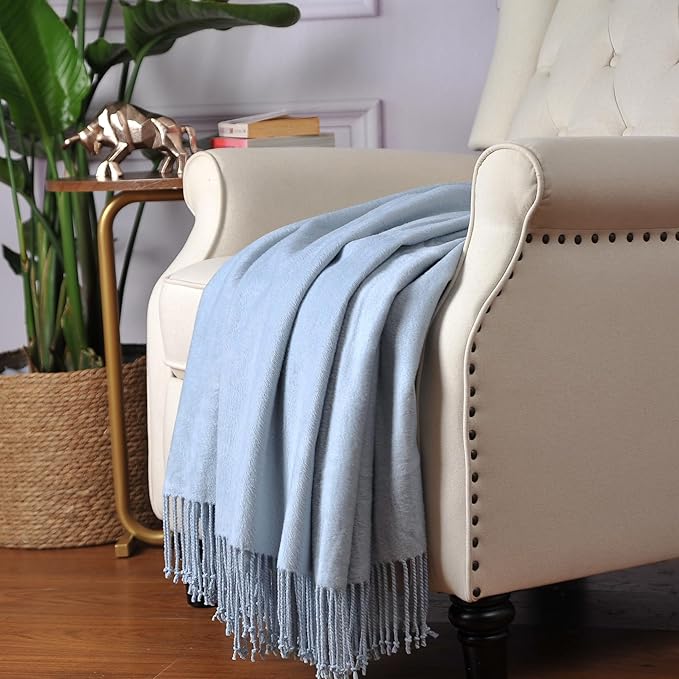 CUDDLE DREAMS Silk Throw Blanket with Hand-Knotted Fringe, Natural, Soft & Breathable (Ice Blue)-Ruum Studio Home