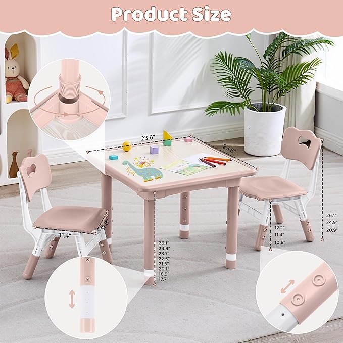 Kids Table and 2 Chairs Set, Height Adjustable (17.7"-26.1") Toddler Table and Chair Set, Multi-Activity Table with Graffiti Desktop, Children’s Table and Chairs for Classroom, Home & Daycare-Ruum Studio Home