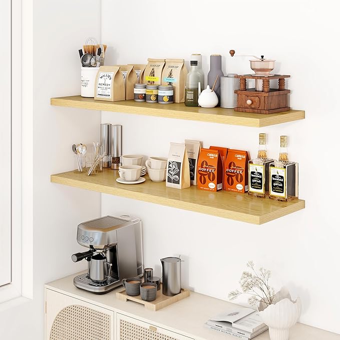 48" Floating Shelves for Wall, 12" Deep Slim Oak Floating Shelves, Wall-Mounted Shelves for Bedroom, Living Room, Kitchen, Bathroom - Set of 2-Ruum Studio Home
