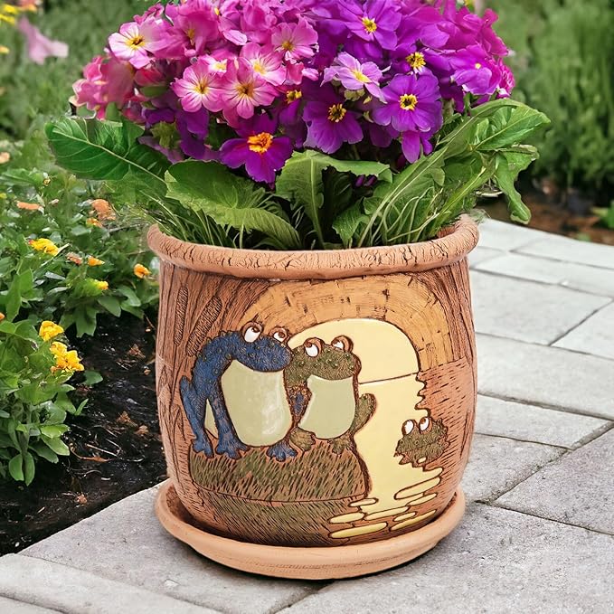 Ceramic Pot with Drainage Hole and Saucer, Plant Pots, Modern Decorative Planters for House Plants Indoor Flowers Plants, Cute Flower Pot - Gifts (Frogs (1.6 L))-Ruum Studio Home