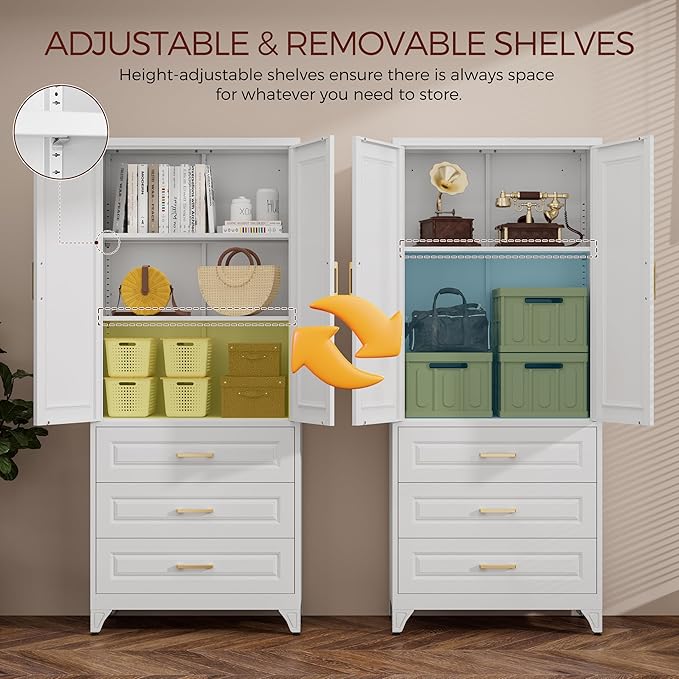 75" Kitchen Pantry Cabinet, Metal Storage Cabinets with Doors and Adjustable Shelves, White Tall Pantry Cabinet with 3 Drawers for Dinning Living Room-Ruum Studio Home