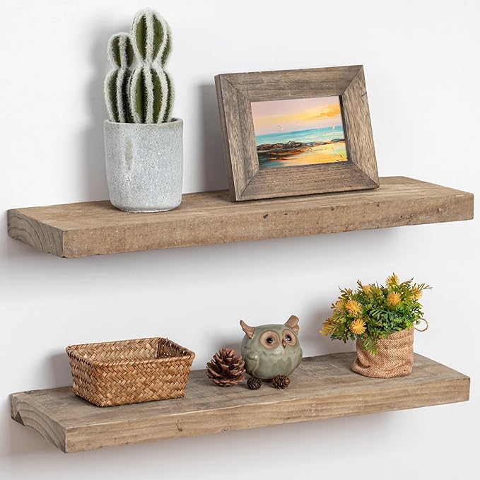 Floating Shelves, 8 Inch Deep Rustic Solid Reclaimed Wood Wall Shelves for Storage, Wall Mounted Display Shelving with Invisible Heavy-Duty Metal Bracket, 24 Inch Width Set of 2, Natural-Ruum Studio Home
