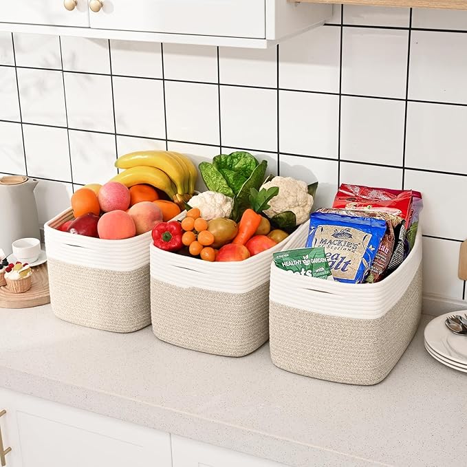 Shelf Baskets for Organizing, Woven Storage Basket for Shelves, Cotton Rope Storage Bins for Toys Books, Nursery Towel Baskets for Classroom, 14.96"X9.8"X8.85", 3-Pack White/Brown-Ruum Studio Home