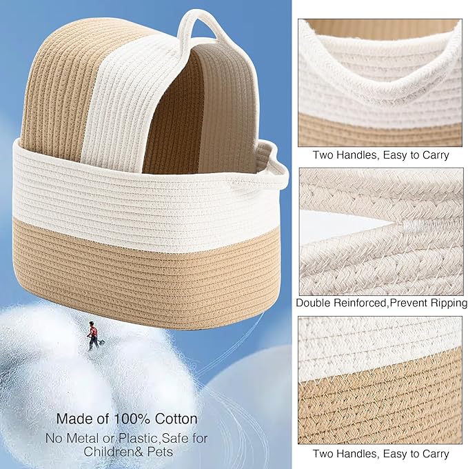 Cotton Rope Woven Storage Basket, Used for Baby Hamper Toy Organizer, Gift Baskets Empty,Kids Laundry Basket,Baby Blanket Storage. Size 15x10x8.7 Inches. (White&Khaki-3PCS)-Ruum Studio Home