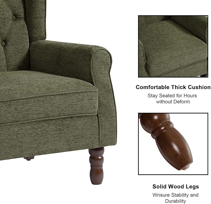 Accent Chair, Upholstered Armchair with Button Tufted High Back & Solid Wood Legs, Comfy Wingback Reading Single Sofa Chair for Small Spaces, Living Room, Bedroom (Green, Set of 1)-Ruum Studio Home