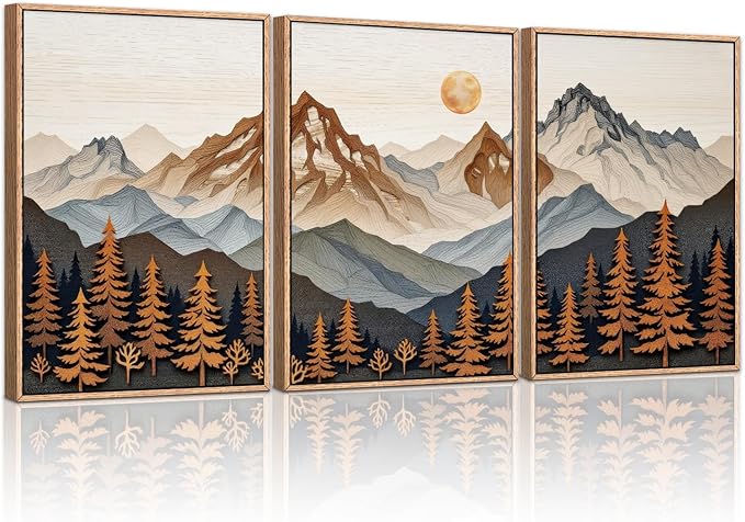 HLNIUC Large Boho Mountain Framed Canvas Wall Art Set,Woodcut Style Mountain Wall Decor,Vintage Forest Pine tree Art Prints,Nature Sunrise Landscape Wall Painting for Living Room,Bedroom - 16”x24”x3-Ruum Studio Home