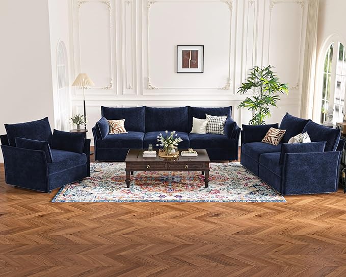 102.6" Modular Sectional Sofa, Oversized 3-Seater Blue Couch with Removable Chenille Fabric Cover, Deep Seat & High Backrest for Living Room, Office & Apartment-Ruum Studio Home