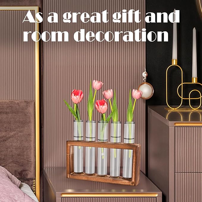 Desktop Glass Plant Propagation Station with 5 Test Tubes in Wooden Stand - Hydroponic Plants Cutting Office Home Decoration and Garden Decor Terrarium (5 Tubes)-Ruum Studio Home