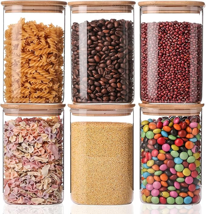 YUNCANG Glass Storage Jars 6 Pack 37oz Clear Glass Food Storage Containers with Airtight Bamboo Lid Stackable Kitchen Canisters for Candy,Cookie,Rice,Sugar,Flour,Pasta,Nuts and Spice Jars(Square)-Ruum Studio Home