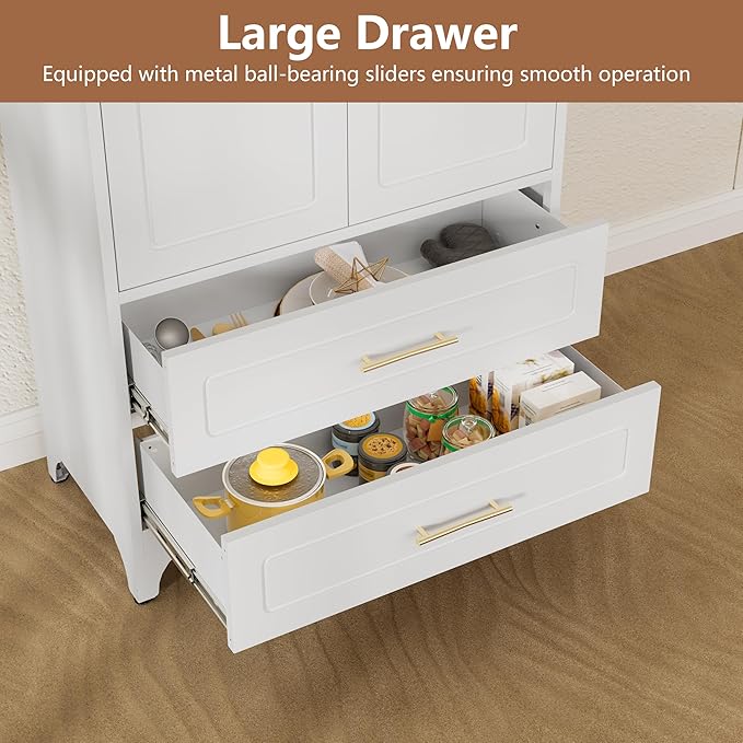 Kitchen Pantry Cabinet, 75" Tall Metal Pantry Cabinet with Two Drawers, Food Cupboards with Doors and Shelves, Freestanding Storage Cabinets for Dining, Living Room, White, Assemble Required-Ruum Studio Home