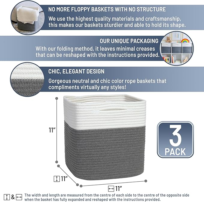 NaturalCozy Storage Cubes 11 Inch Cotton Rope Woven Baskets for Organizing, 3-Pack | Cube Storage Bin | Square Storage Baskets for Shelves Organizer, Classroom, Kids Toy Bins, Closet, Baby Nursery-Ruum Studio Home