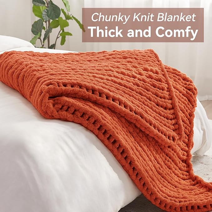 Chunky Knit Throw Blanket, 40''*50'' Fall Throw Blanket Knitted Chenille Yarn for Bed Couch, Handmade Orange Crochet Big Thick Blanket, Machine Washable Cute Comfy Blankets for Home Decor-Ruum Studio Home