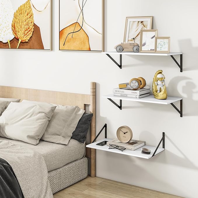 Heimlove 24" W x 12" D Wall Shelves for Books, 12 Inch Deep Floating Shelves Set of 3, Wide Floating Bookshelf with Metal Bracket for Living Room, Kitchen, Office, Bedroom and Decor Storage - White-Ruum Studio Home