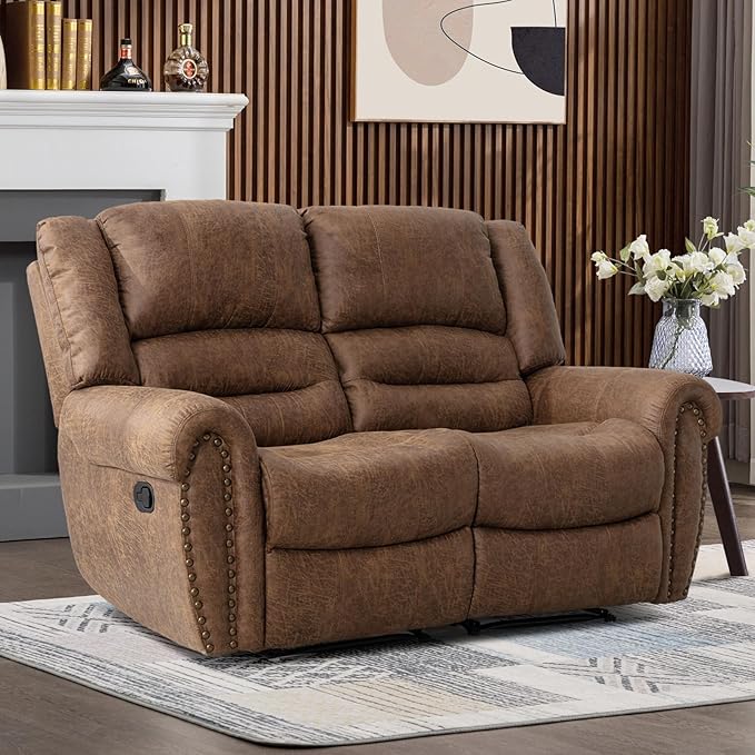 CANMOV Faux Leather Manual Loveseat Recliner, 2 Seat Reclining Chair, Overstuffed Comfortable Arms and Back Recliner Chair, Couch Set for Living Room, Bedroom Furniture, Office,Nut Brown-Ruum Studio Home
