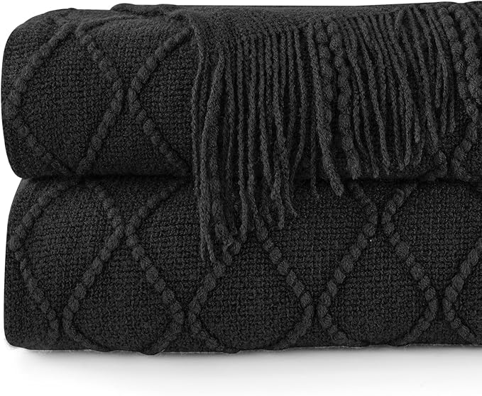 inhand Knitted Throw Blankets for Couch and Bed, Soft Cozy Knit Blanket with Tassel, Black Lightweight Decorative Blankets and Throws, Farmhouse Warm Woven Blanket for Men and Women, 50"x60"-Ruum Studio Home