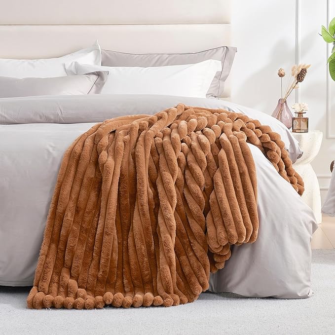 Amélie Home Faux Fur Throw Blanket for Couch, Cozy Fuzzy Fluffy Fur Luxurious Soft Striped Plush Gift Blankets for Family Sofa Chair Bed Living Room Bedroom, 55"x70", Brown-Ruum Studio Home