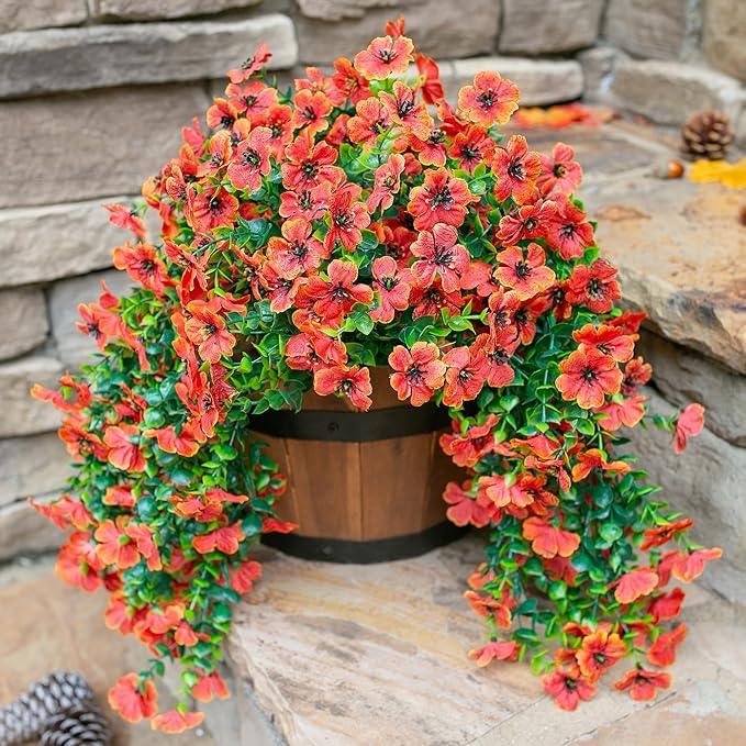 INSPRING Fall Fake Mums Artificial Flowers Hanging Decoration for Outdoors, 2Pcs Orange Daisy with Autumn Eucalyptus Leaves, Realistic Plants Decor, Silk Flower for Porch Patio Balcony Planter Yard-Ruum Studio Home