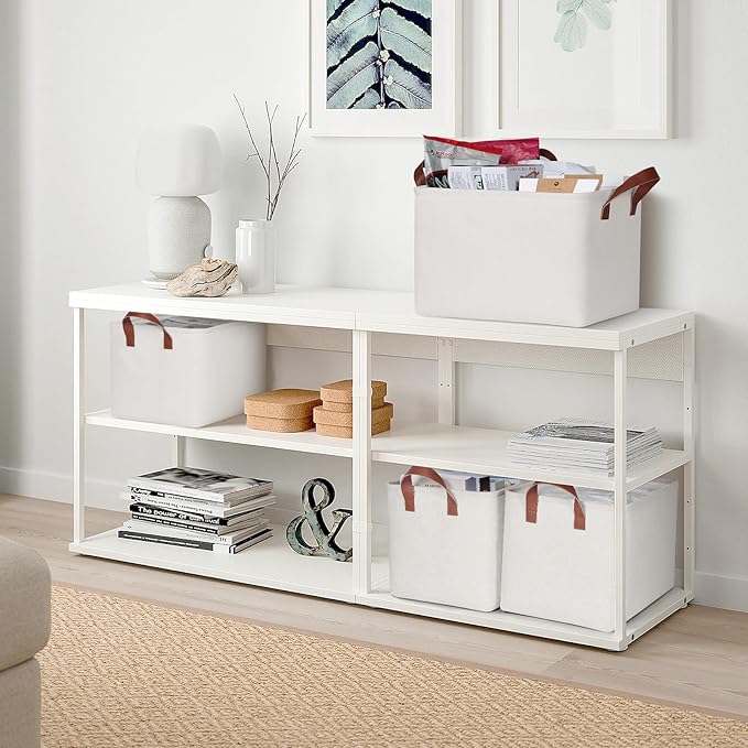 KEEGH Storage Baskets for Organizing, Fabric Storage Bins with Leather Handles, Shelf Baskets for Closet Organization, 15" L x 11" W x 10" H, White, 4 Pack-Ruum Studio Home