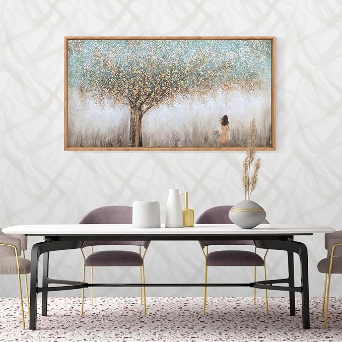 Aurlan Tree of Life Hand Painted Framed Wall Decor(40"x20"), Large Abstract Girl under Tree Oil Painting Canvas Artwork, Modern Nature Landscape Art for Office Living Room Bedroom-Ruum Studio Home