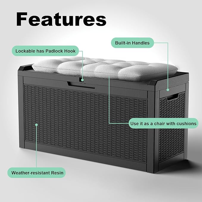Vixzen 60 Gallon Outdoor Deck Box,Lockable Resin Waterproof Storage Box,UV Resistant,Weather Resistance,Outside Storage Bin for Gardening Tools,Pool Supplies,Black-Ruum Studio Home