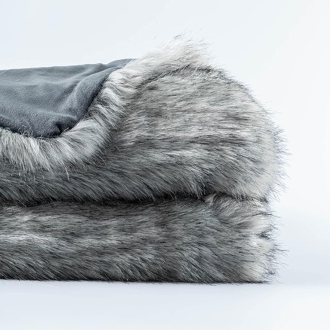BATTILO HOME Wolf Faux Fur Blanket, Extra Large Fox Fur Throw Blankets for Couch, Bed, Super Soft, Fluffy, Eelegant, Grey with Black Tips Blanket Reversible to Plush Velvet, (Grey, 60"x80")-Ruum Studio Home