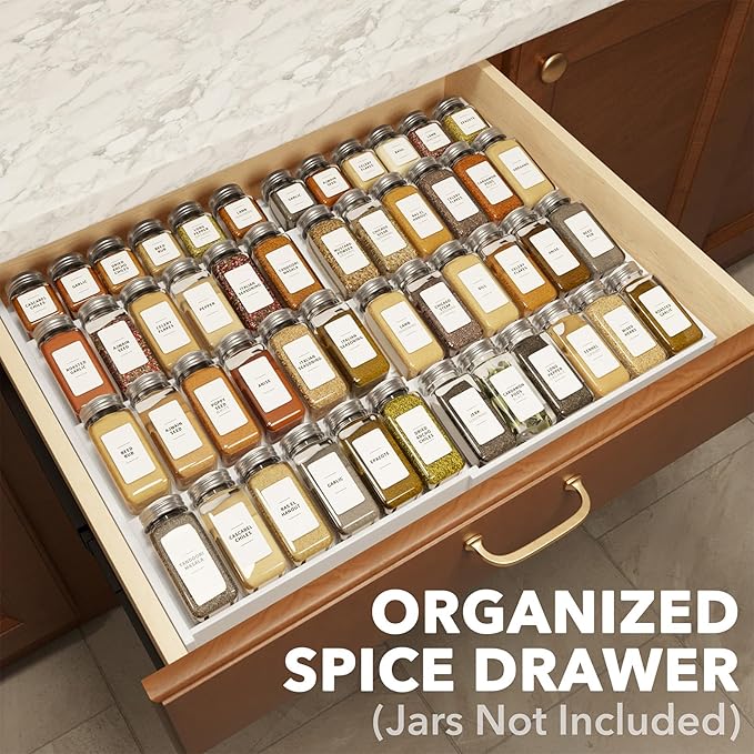 SpaceAid Bamboo White Spice Drawer Organizer, (Need 3" Deep Drawer) Expandable 4 Tier Spices Rack for Cabinet, Kitchen Seasoning Storage Insert (Jars Not Included, From 12" to 23" Wide)-Ruum Studio Home