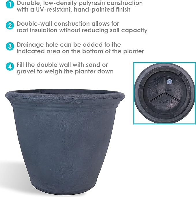 Sunnydaze 20-Inch Anjelica Large Plastic Pot for Plants - Outdoor Polyresin Round Planter with Drillable Drainage Holes - Slate-Ruum Studio Home