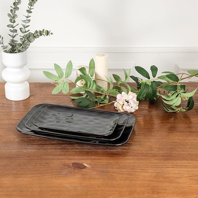 vicrays Ceramic Rectangle Serving Platters - 14" 12" 10" Porcelain Serving Trays Plates for Party BBQ Appetizers Sushi Dessert - Microwave Oven and Dishwasher Safe - Set of 3 Bright Black-Ruum Studio Home