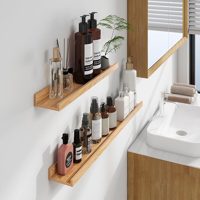 Floating Picture Ledge Shelves 55 Inch Solid Oak Wood Set of 2, Rustic Wall Storage Shelves with Lip, Kids Bookshelf, Photo & Picture Ledge Shelves for Bedroom, Living Room, Kitchen-Ruum Studio Home