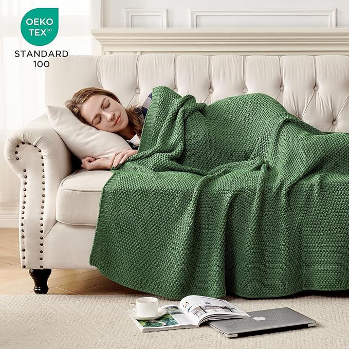 Joydeco Chunky Cable Knit Throw Blanket, Lightweight 100% Cotton Soft Cozy Throw Twin Blanket for Couch Bed and Sofa, Rustic Breathable Farmhouse Blanket Gift for Women Men(Olive Green, 51"x63")-Ruum Studio Home