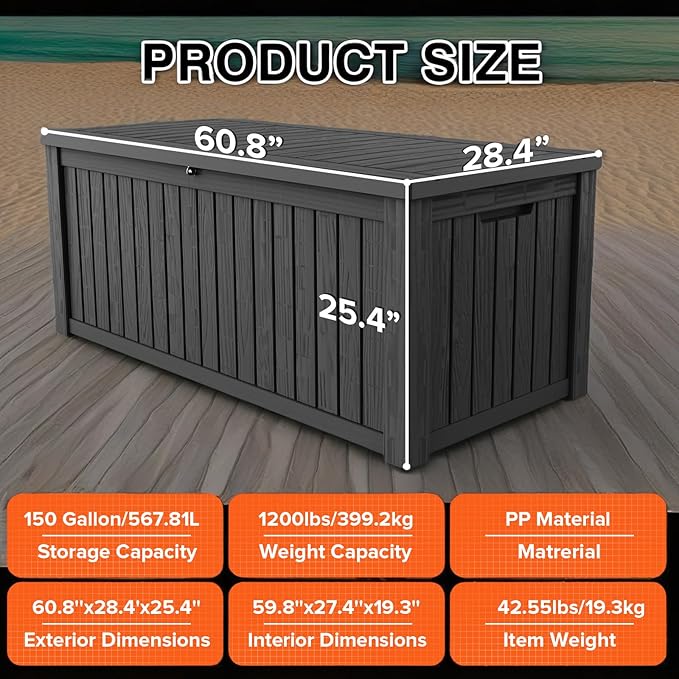 152 Gallon Deck Box Waterproof, UV Resistant Resin Outdoor Storage Box with Hydraulic Rod, Lockable Design and Enhanced Durability for Patio, Garden, and Poolside Use-Ruum Studio Home