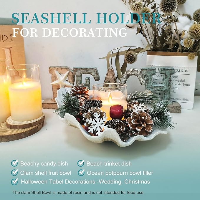 Large EarthTan-White Sea Shells Decorative Bowl Resin Clam Shell Bowl Beach Decorations for Home Coastal Beach Decor Decoration Storage Bowls & Home Office Nautical Themed Party Decor -10.2"-1PC-Ruum Studio Home