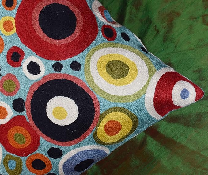 Turquoise Polka Dots Decorative Pillow Cover Contemporary Pillowcase Blue Modern Outdoor Chair Cushion Throw Sofa Couch Cushions Hand Embroidered Wool 18x18-Ruum Studio Home